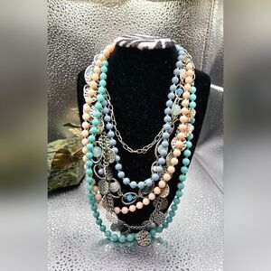 "5/$25" Layered Multistrand Beaded Chain Multicolored Necklace 17"
